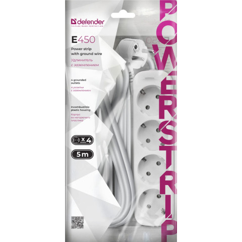 Power filtr 5.0м Defender E450, білий, 4 розетки, з заземленням
