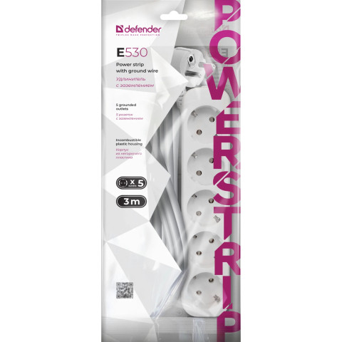 Power filtr 3.0м Defender E530, білий, 5 розеток, з заземленням