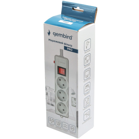 Power filtr 3.0м Gembird , 3 розетки, чорний, 220 В, 50 Гц, 16A