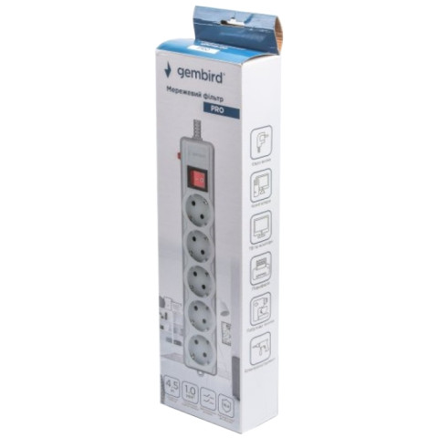 Power filtr 4.5м Gembird , 5 розеток, сірий, 220 В, 50 Гц, 16A
