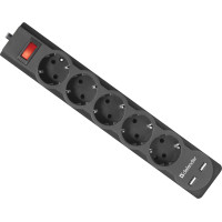 Power filtr 1.8м Defender DFS751, 5 розеток, 2xUSB, 2.1A