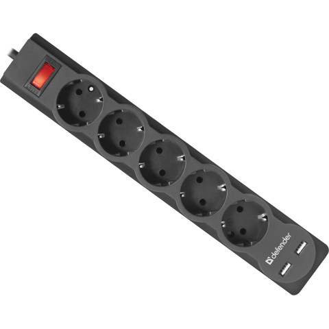 Power filtr 1.8м Defender DFS751, 5 розеток, 2xUSB, 2.1A
