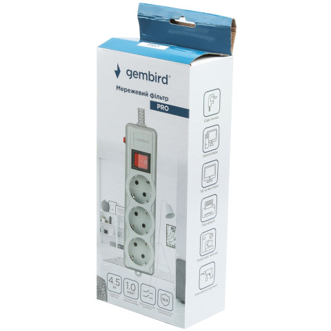 Power filtr 4.5м Gembird , 3 розетки, сірий, 220 В, 50 Гц, 16A