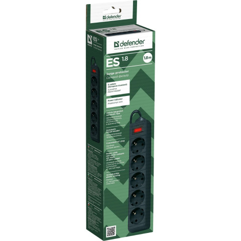 Power filtr 1.8м Defender ES1.8, чорний, 5 розеток, з вимикачем