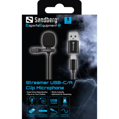 Мікрофон петличний Sandberg Streamer USB Clip USB-A/USB-C, провідний, кабель 3м, чорний