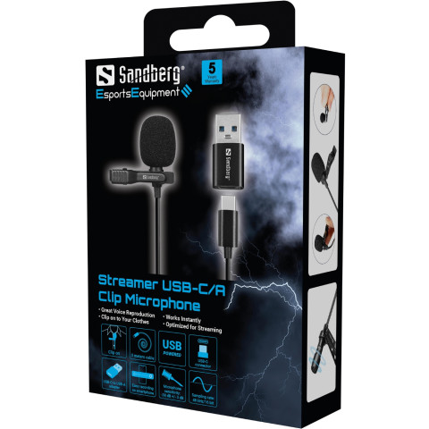 Мікрофон петличний Sandberg Streamer USB Clip USB-A/USB-C, провідний, кабель 3м, чорний