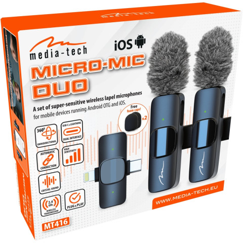 Бездротовий петличний мікрофон Media-Tech USB-C/Lightning 2-Pack Micro-Mic Duo MT416 Black
