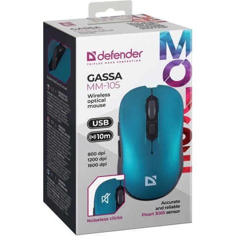 Мишка Defender Gassa MM-105, бездротова, 6кн. до 1600 dpi, безшумна, бірюзова