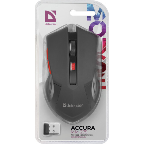 Мишка Defender Accura MM-275, бездротова, 6 кн. до 1600 dpi, червоний