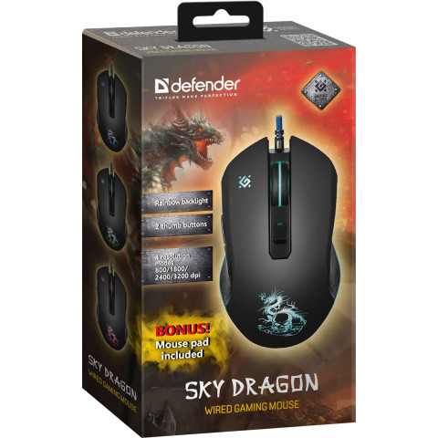 Мишка Defender Sky Dragon GM-090L, 6кн., 3200dpi, (+килимок) підсвітка
