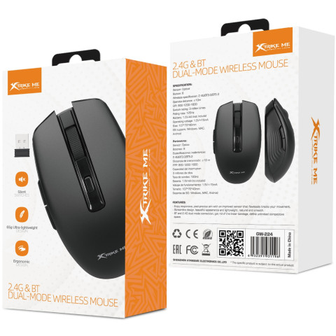 Мишка XTRIKE ME GW-224, бездротова Bluetooth+2.4G 1600dpi., 6кн., Silent, чорна