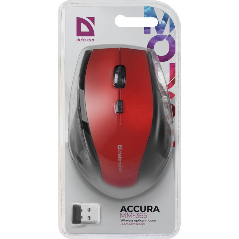 Мишка Defender Accura MM-365, бездротова, 6 кн. до 1600 dpi, червона