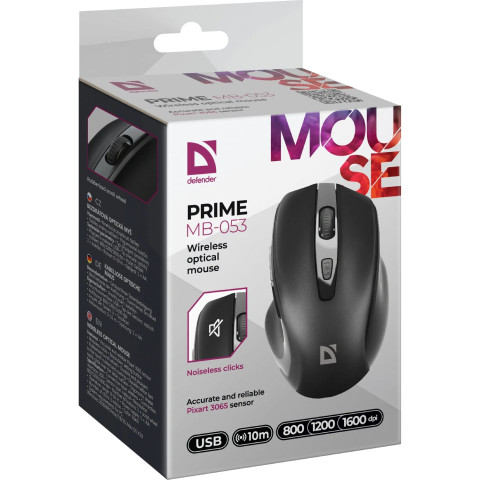 Мишка Defender Prime MB-053, бездротова, 6 кн. до 1600 dpi, безшумна, чорна