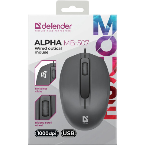 Мишка Defender Alpha MB-507, 3кн.,1000dpi, безшумна чорна