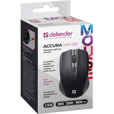 Мишка Defender Accura MM-935 бездротова, 4 кн. до 1600 dpi, чорна