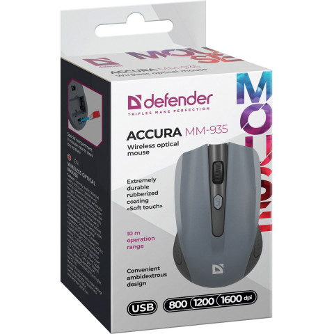 Мишка Defender Accura MM-935, бездротова, 4кн., до 1600dpi, сіра