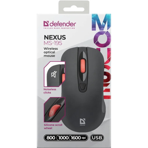 Мишка Defender Nexus MS-195 бездротова, 4 кн. до 1600 dpi, безшумна, чорна