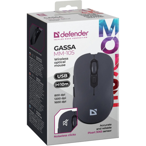 Мишка Defender Gassa MM-105, бездротова, 6 кн., 1600 dpi, безшумна чорна