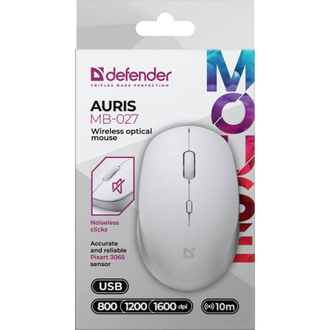 Мишка Defender Auris MB-027, бездротова, 3 кн. до 1600 dpi, безшумна, біла