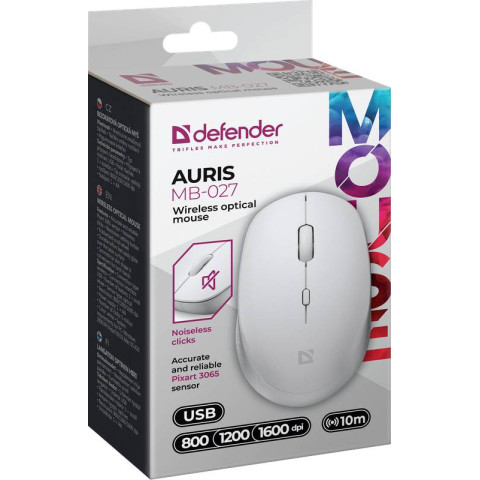 Мишка Defender Auris MB-027, бездротова, 3 кн. до 1600 dpi, безшумна, біла