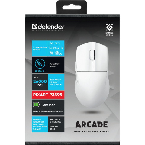 Мишка Defender Arcade GM-381, бездротова, Bluetooth+2.4 ГГц, ігрова, 6 кн. 26000 dpi, 400mAh, біла