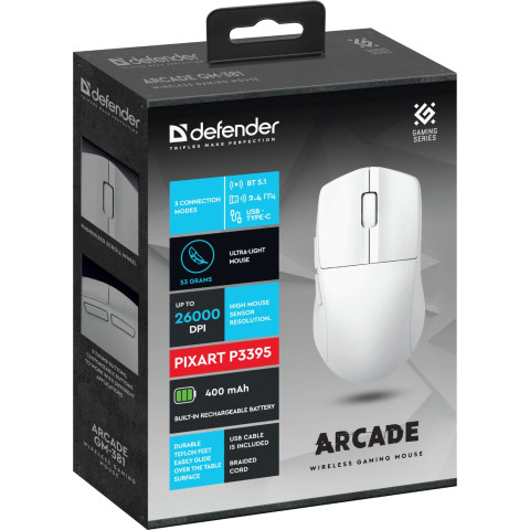 Мишка Defender Arcade GM-381, бездротова, Bluetooth+2.4 ГГц, ігрова, 6 кн. 26000 dpi, 400mAh, біла