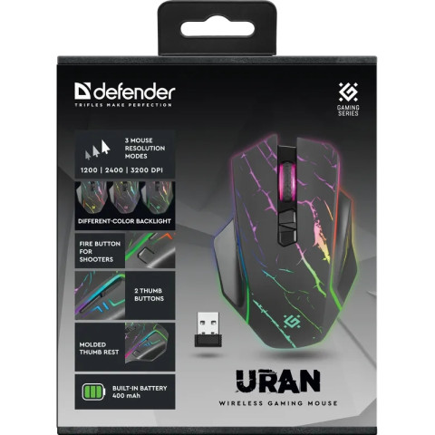 Мишка Defender Uran GM-503, бездротова, ігрова, 3200 dpi., 8кн., 400mAh, LED, чорна
