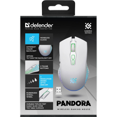 Мишка Defender Pandora GM-502, бездротова, ігрова, 7кн., 3200 dpi., 500 mAh, біла