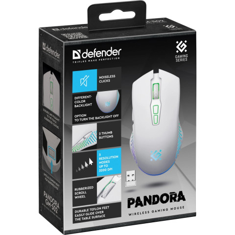 Мишка Defender Pandora GM-502, бездротова, ігрова, 7кн., 3200 dpi., 500 mAh, біла
