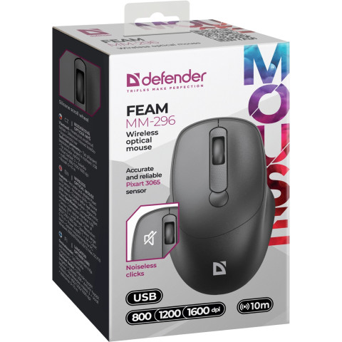 Мишка Defender Feam MM-296, бездротова, 4кн. до 1600 dpi, безшумна, чорна