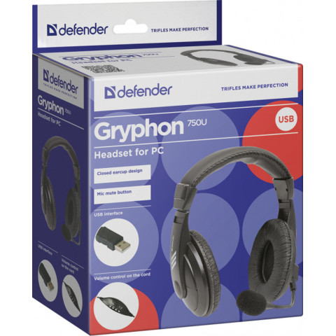 Гарнітура Defender Gryphon 750U, USB, Black