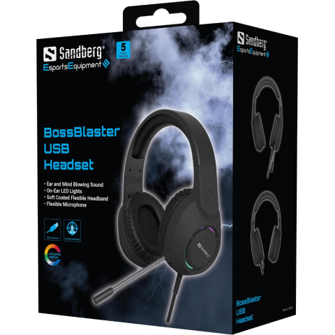 Ігрова гарнітура Sandberg BossBlaster, USB, кабель 2м, RGB, чорна