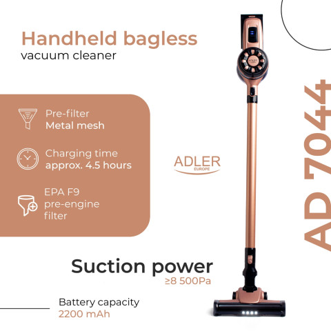 Порохотяг Adler AD 7044 бездротовий/ 250Вт/ 12,000 Pa/ 0,8л/ LED/ TURBO/ настінне кріплення