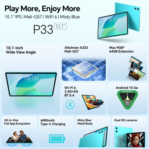 Планшет Teclast P33 KIT 10.1” HD+ / 3GB / 64GB / A333 / 6000mAh / WIFI / 5+2Mp / Metal / Blue