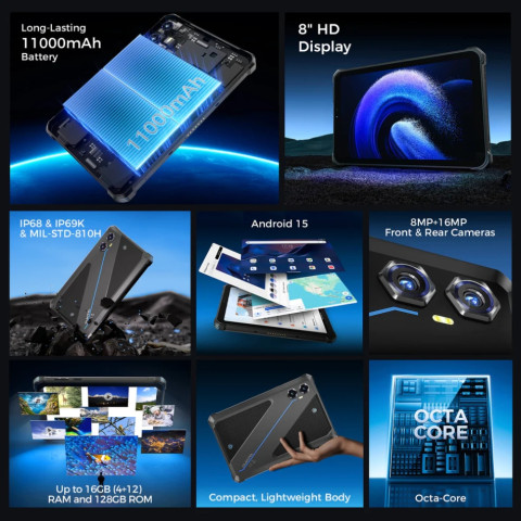 Планшет Oukitel RT3plus 8” HD / 4GB/128GB / G81 / 11000mAh / 16+8Мп / IP69K / LTE Blue