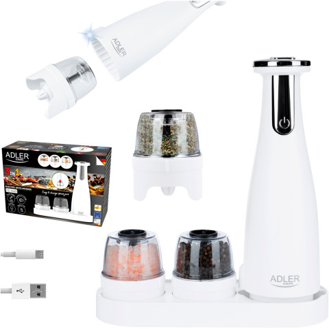 Млинок для спецій Adler AD 4449 white електричний/150мл/керамічні жорна/USB-C/3 змінні млинки/білий