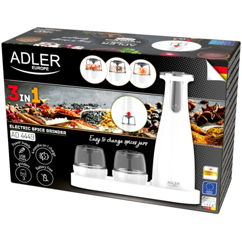 Млинок для спецій Adler AD 4449 white електричний/150мл/керамічні жорна/USB-C/3 змінні млинки/білий