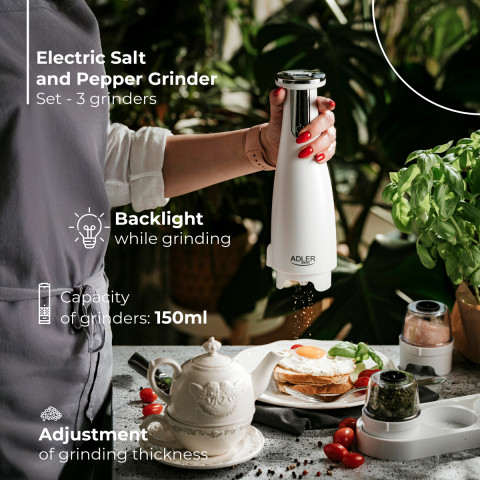 Млинок для спецій Adler AD 4449 white електричний/150мл/керамічні жорна/USB-C/3 змінні млинки/білий