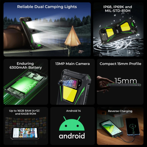 Смартфон Oukitel G5 6" HD+ /4GB/256GB T310 /6300mAh /Ліхтар/13+5Мп/ IP69K/Green