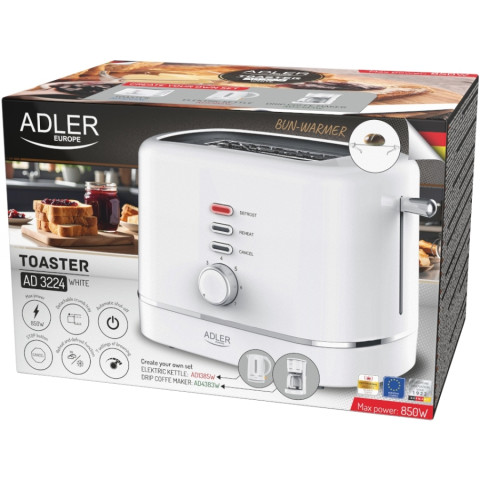 Тостер Adler AD 3224 white 850Вт/ 2 відділення/7 режимів підсмажування/розморожування/підігрів булок