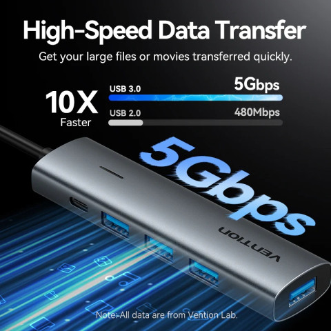 Хаб USB 3.0 Type-C -> 4xUSB 3.0/1xUSB-C, 5Gbps, Black Vention