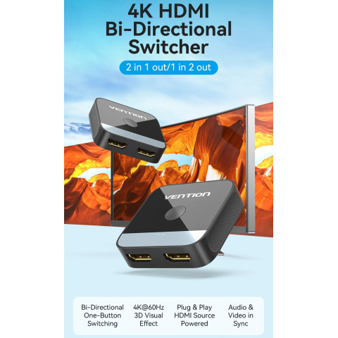Сплітер HDMI 2.0 UHD 4K 60Hz 3D, HDCP,1080P перемикач двонаправлений 2 IN 1 OUT Vention