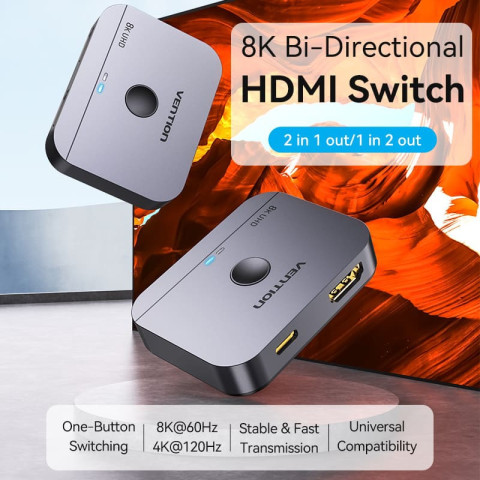Сплітер HDMI 2.1 UHD 8K 60Hz 3D, HDCP HDR Dolby 7.1 перемикач двонаправлений 2 in 1 out Vention