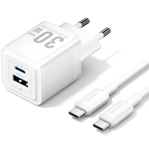 Зарядний пристрій 2xUSB 30W (USB-A/USB-C) + USB-C cable М-М White Vention