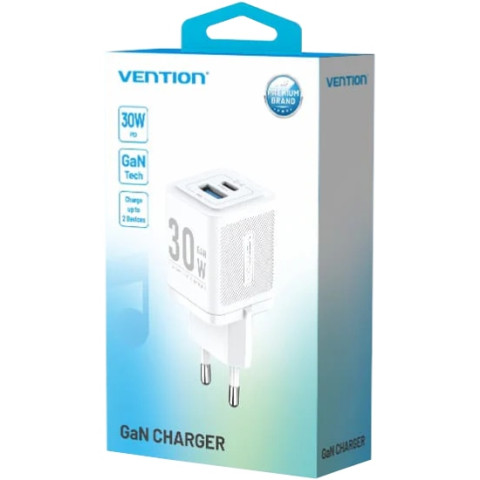 Зарядний пристрій 2xUSB 30W (USB-A/USB-C) + USB-C cable М-М White Vention