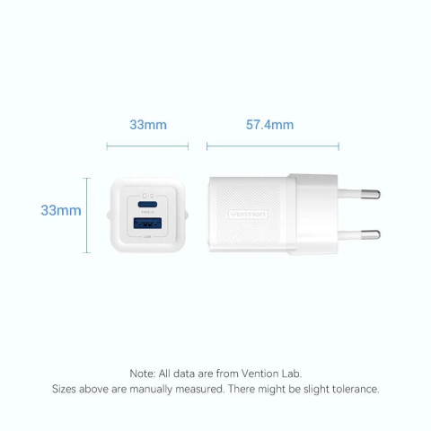 Зарядний пристрій 2xUSB 30W (USB-A/USB-C) + USB-C cable М-М White Vention