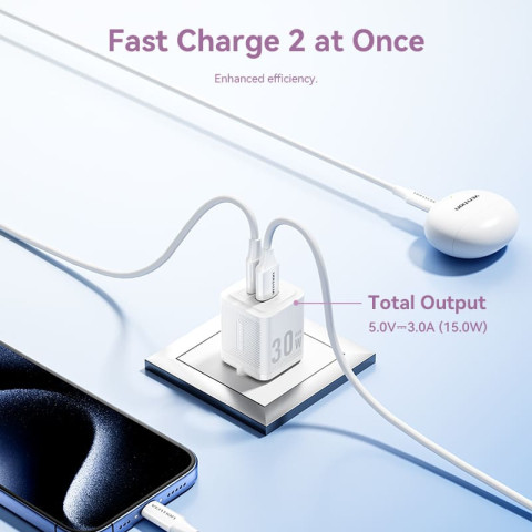 Зарядний пристрій 2xUSB 30W (USB-A/USB-C) + USB-C cable М-М White Vention