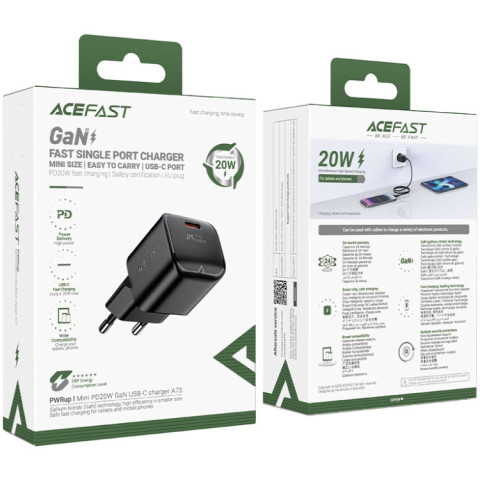 Зарядний пристрій 1xUSB-C 20W Gan A73 mini Fast Charger Black Acefast