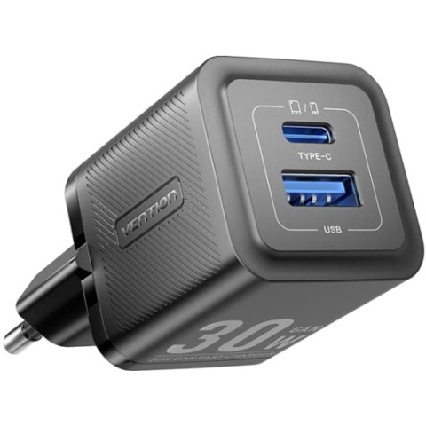 Зарядний пристрій 2xUSB 30W (USB-A/USB-C) + USB-C cable М-М Black Vention