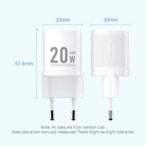 Зарядний пристрій 1xUSB-C 20W GaN + USB-C cable М-М White Vention